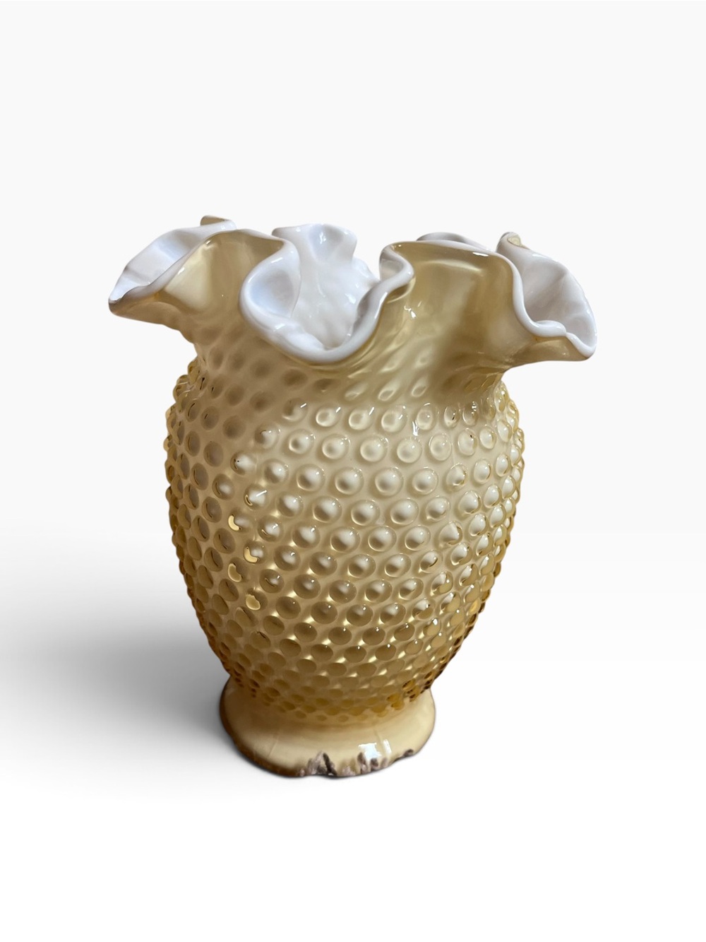 Fenton Art Glass Topaz Honey Yellow Vaseline Opalescent Hobnail 6 1/2”T Vase